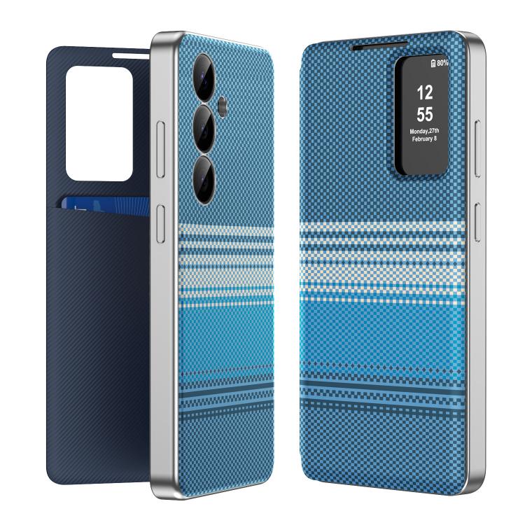 For Samsung Galaxy S25 5G Rainbow Plaid Pattern Smart View Vegan Leather Phone Case(Blue)