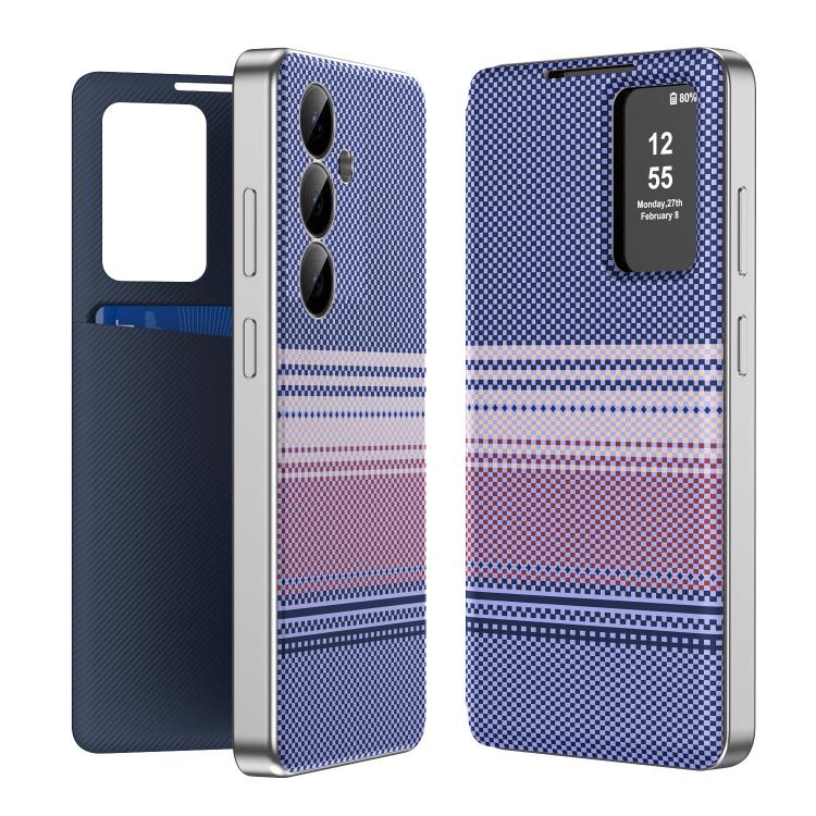 For Samsung Galaxy S24+ 5G Rainbow Plaid Pattern Smart View Vegan Leather Phone Case(Purple)
