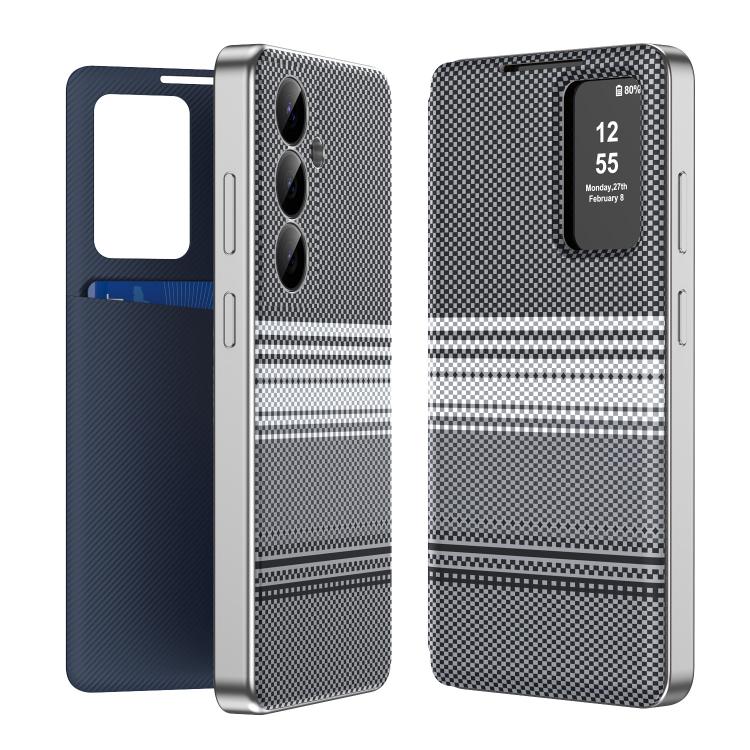 For Samsung Galaxy S24 5G Rainbow Plaid Pattern Smart View Vegan Leather Phone Case(Black)
