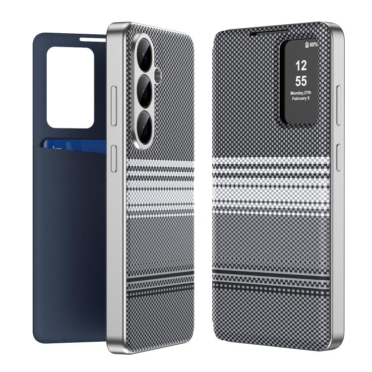 

For Samsung Galaxy S26+ 5G Rainbow Plaid Pattern Smart View Vegan Leather Phone Case(Black)