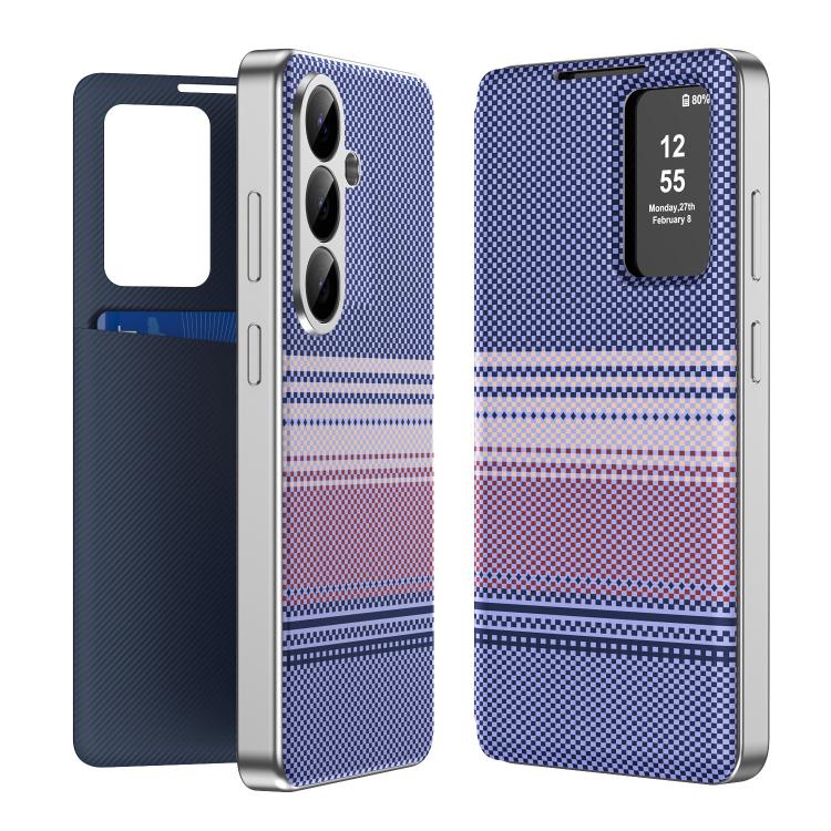 For Samsung Galaxy S26 5G Rainbow Plaid Pattern Smart View Vegan Leather Phone Case(Purple)