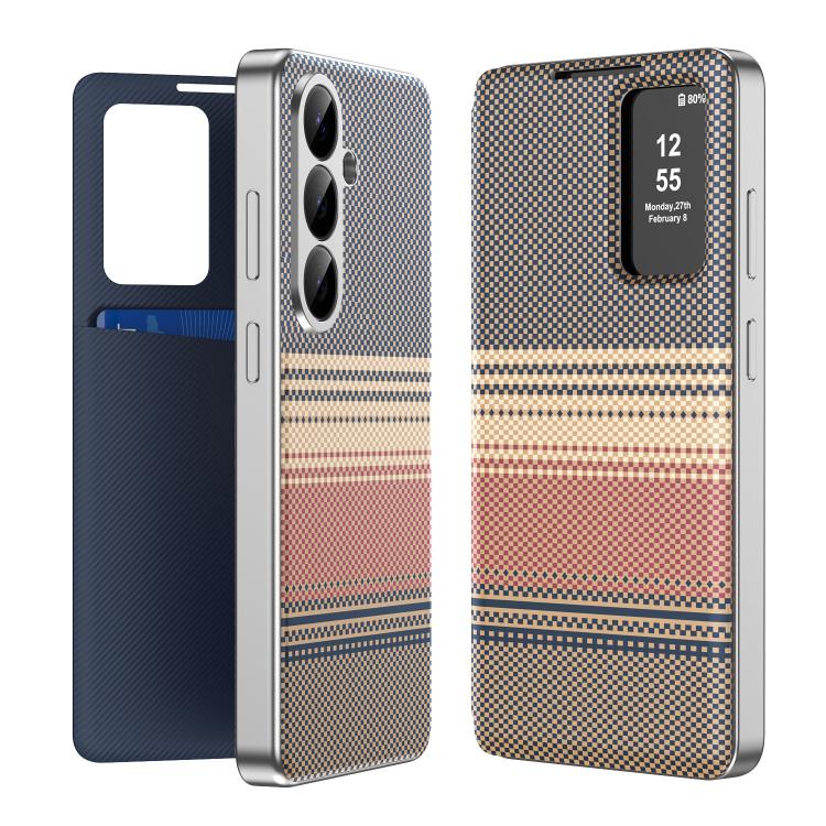 

For Samsung Galaxy S26 5G Rainbow Plaid Pattern Smart View Vegan Leather Phone Case(Brown)