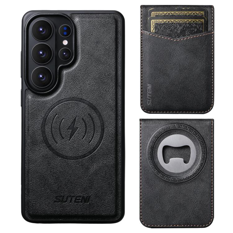 

For Samsung Galaxy S26 Ultra 5G Suteni G5S5 2-in-1 Magnetic Detachable Bottle Opener Card Bag Cow Leather Back Phone Case(Black)