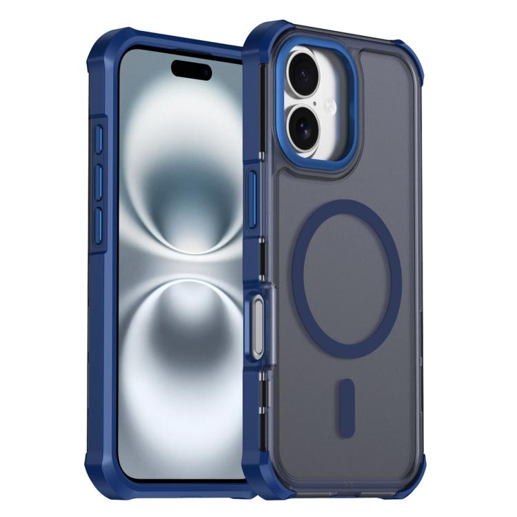 For iPhone 16 Skin Feel Semi-transparent Frosted Magnetic Four-Corner Shockproof Phone Case(Blue)