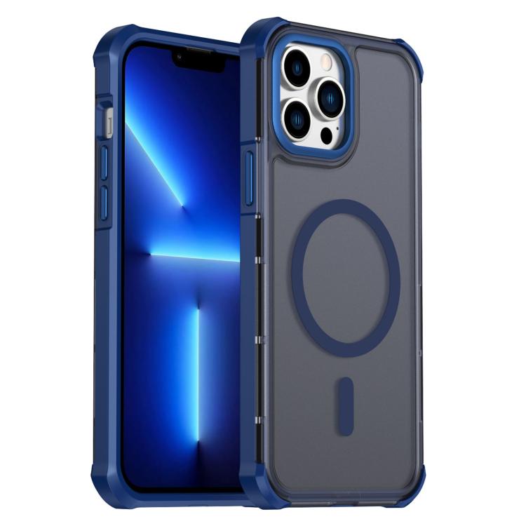 For iPhone 13 Pro Max Skin Feel Semi-transparent Frosted Magnetic Four-Corner Shockproof Phone Case(Blue)