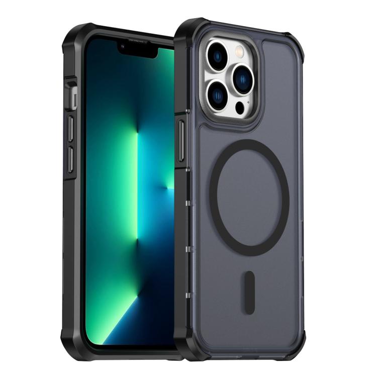 For iPhone 13 Pro Skin Feel Semi-transparent Frosted Magnetic Four-Corner Shockproof Phone Case(Black)