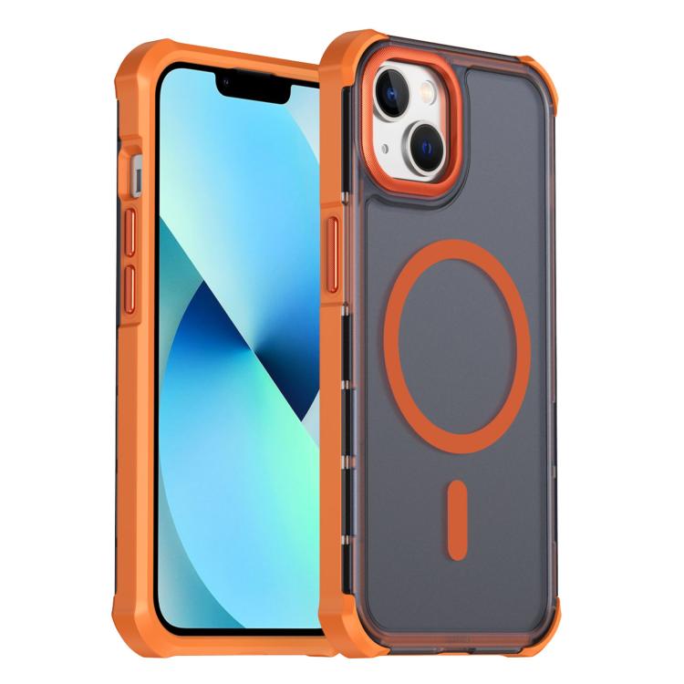 For iPhone 13 Skin Feel Semi-transparent Frosted Magnetic Four-Corner Shockproof Phone Case(Orange)