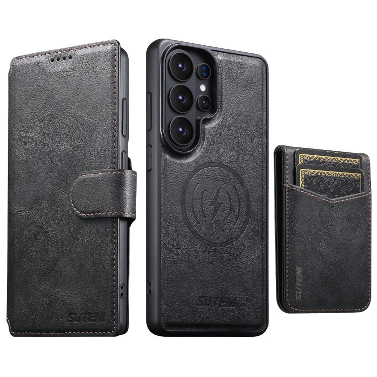 

For Samsung Galaxy S26 Ultra 5G Suteni Q05S5 3-in-1 Detachable Bottle Opener Card Bag Magnetic Cowhide Vegan Leather Phone Case(Black)