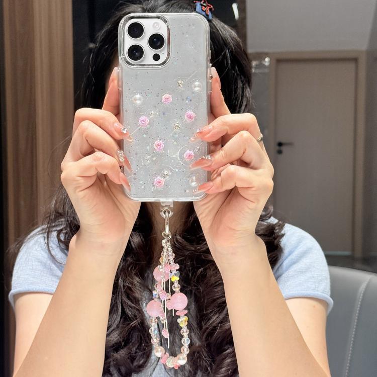 

For iPhone 16 Pro Max Little Fresh Rose Pattern Bracelet Chain TPU Phone Case(Pink)