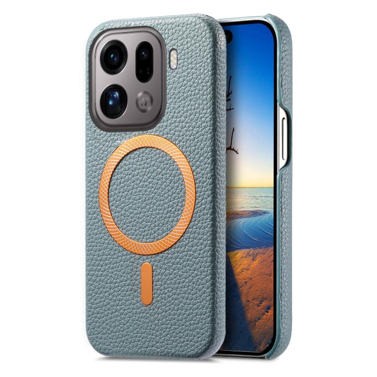 For OPPO Find X9 Pro Litchi Texture Brushed MagSafe PU Back Cover Phone Case(Blue)