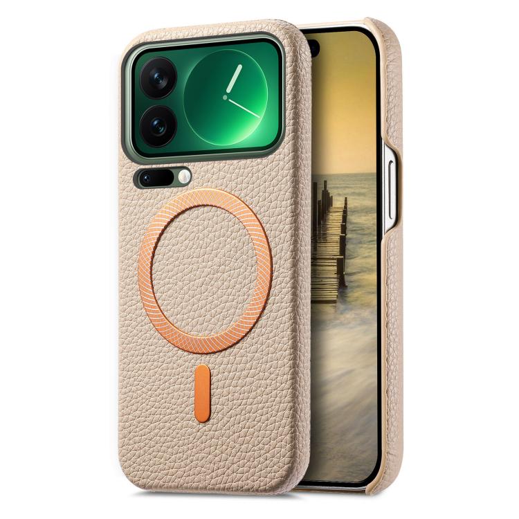 

For Xiaomi 17 Pro Max Litchi Texture Brushed MagSafe PU Back Cover Phone Case(Khaki)