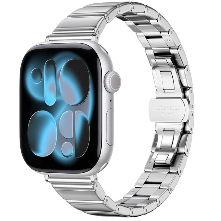 

For Apple Watch 46mm / 49mm / 45mm / 44mm Eggplant Bamboo Slim Butterfly Folding Buckle Stainless Steel Watch Band(Silver)