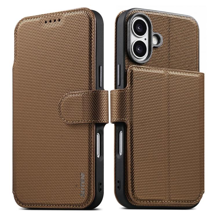 

For iPhone 16 Suteni Q09 Magnetic Detachable Wallet 2 in 1 Triangle Texture Vegan Leather Phone Case(Gold)