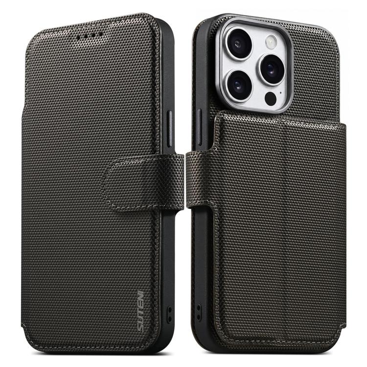 

For iPhone 15 Pro Max Suteni Q09 Magnetic Detachable Wallet 2 in 1 Triangle Texture Vegan Leather Phone Case(Grey)