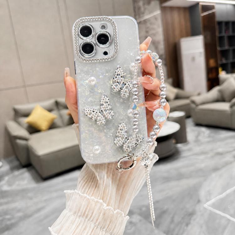 

For iPhone 15 Pro Max Shell Texture 3D Pearl Butterfly Diamond Glitter Phone Case with Bracelet Chain(Green)