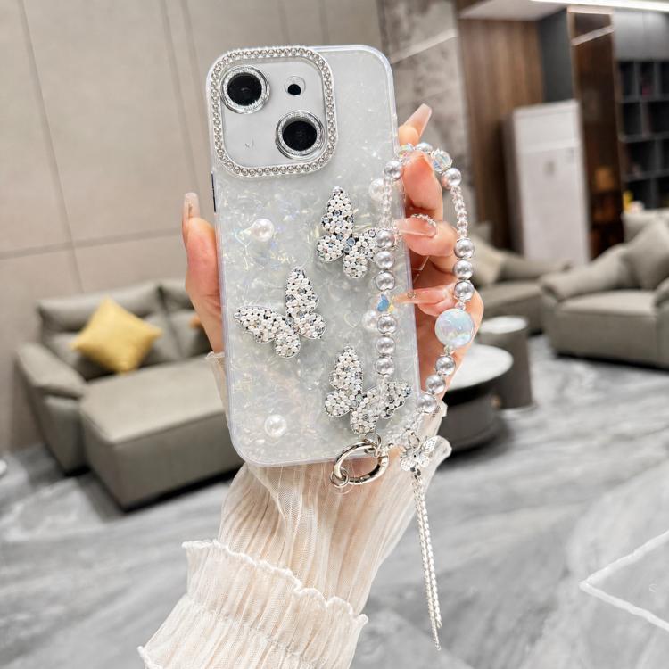 

For iPhone 14 Shell Texture 3D Pearl Butterfly Diamond Glitter Phone Case with Bracelet Chain(Green)
