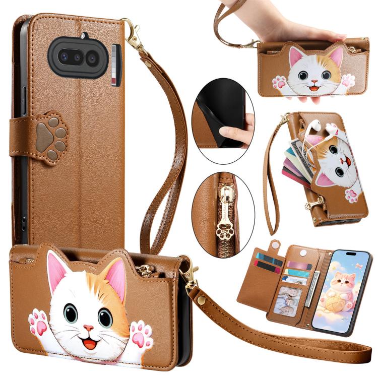 

For Nothing Phone 4a Cat-shaped Zipper Wallet Vegan Leather Phone Case with Strap(Brown)