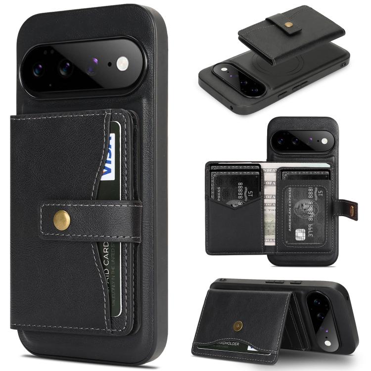 

For Google Pixel 11 Pro XL Kalebol Magnetic Button Card Bag MagSafe Ring Leather Phone Case(Black)