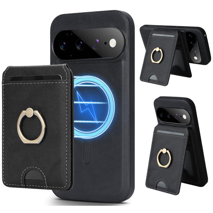 

For Google Pixel 11 Pro XL Kalebol Strong MagSafe Ring Magnetic Card Bag Holder Leather Phone Case(Black)