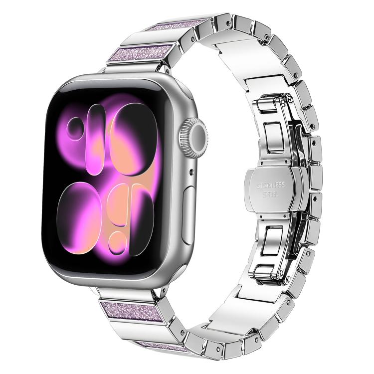 

For Apple Watch 46mm / 49mm / 45mm / 44mm Piano Key Design Folding Clasp Stainless Steel Watch Band(Glitter Pink)