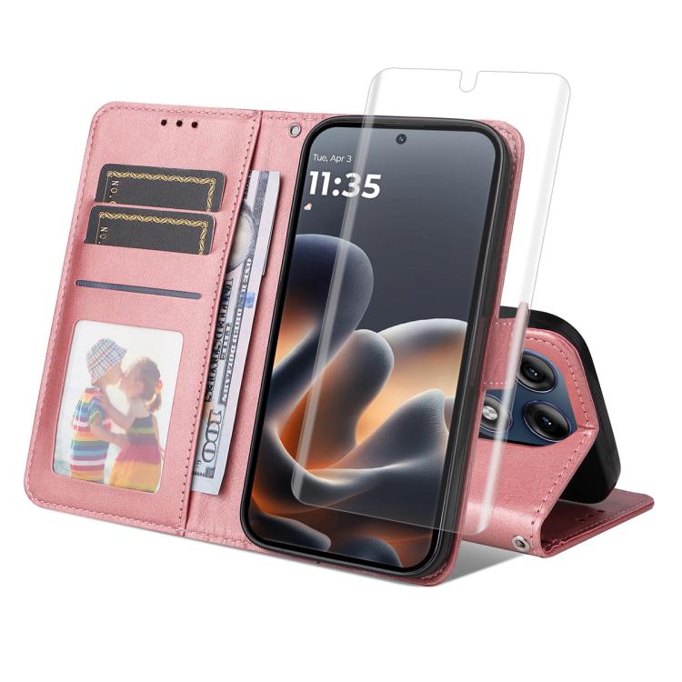 

For Motorola Edge 70 Pro / 70 Pro+ 5G ENKAY Card Wallet Calf Texture Leather Phone Case with Full Glue Coverage Soft Hydrogel Film(Pink)