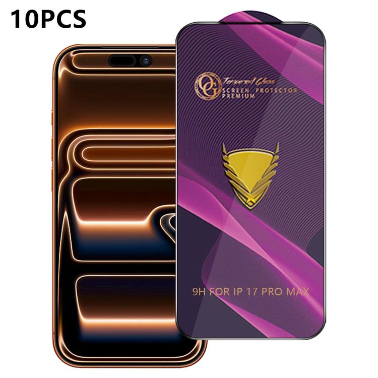 For iPhone 17 Pro Max 10pcs OG Purple Large-Arc Anti-Static High-Alumina Screen-Printed HD Tempered Glass Film