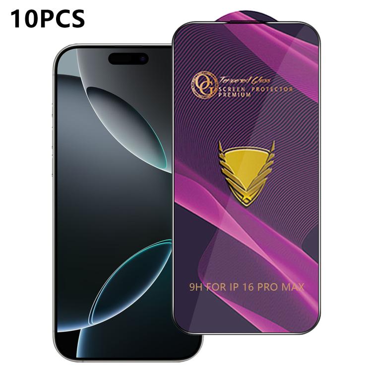 For iPhone 16 Pro Max 10pcs OG Purple Large-Arc Anti-Static High-Alumina Screen-Printed HD Tempered Glass Film