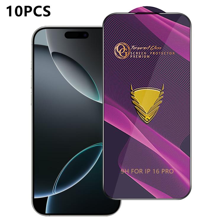 For iPhone 16 Pro 10pcs OG Purple Large-Arc Anti-Static High-Alumina Screen-Printed HD Tempered Glass Film