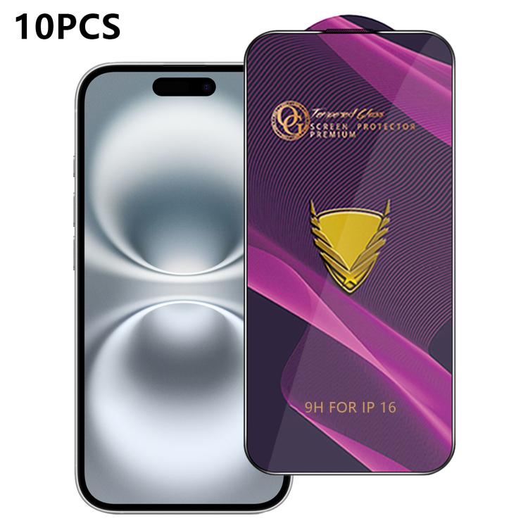 For iPhone 16 10pcs OG Purple Large-Arc Anti-Static High-Alumina Screen-Printed HD Tempered Glass Film
