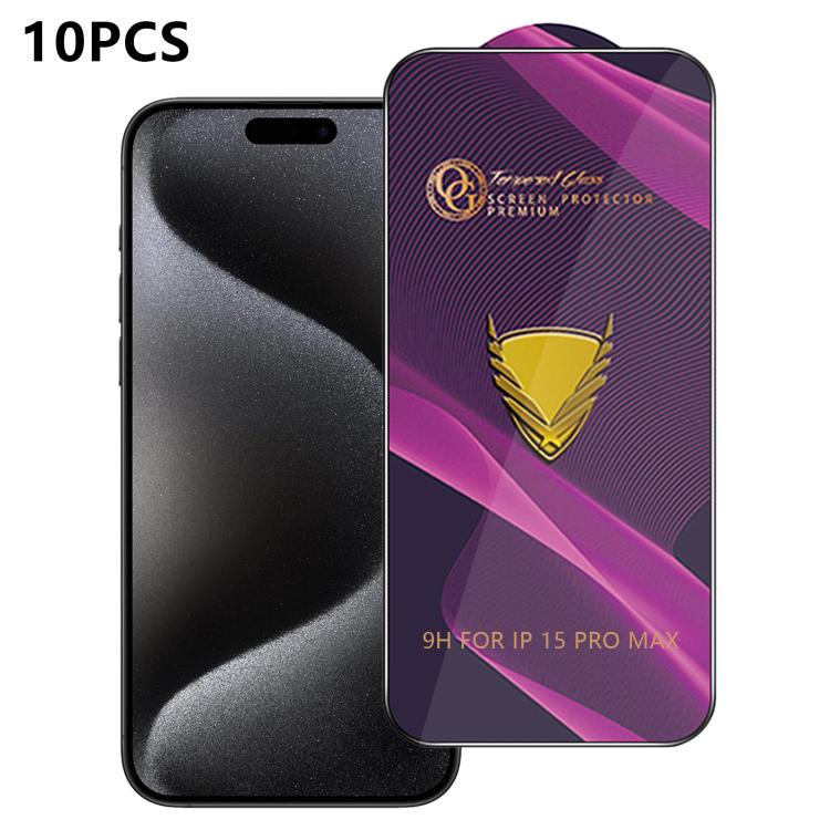 For iPhone 15 Pro Max 10pcs OG Purple Large-Arc Anti-Static High-Alumina Screen-Printed HD Tempered Glass Film