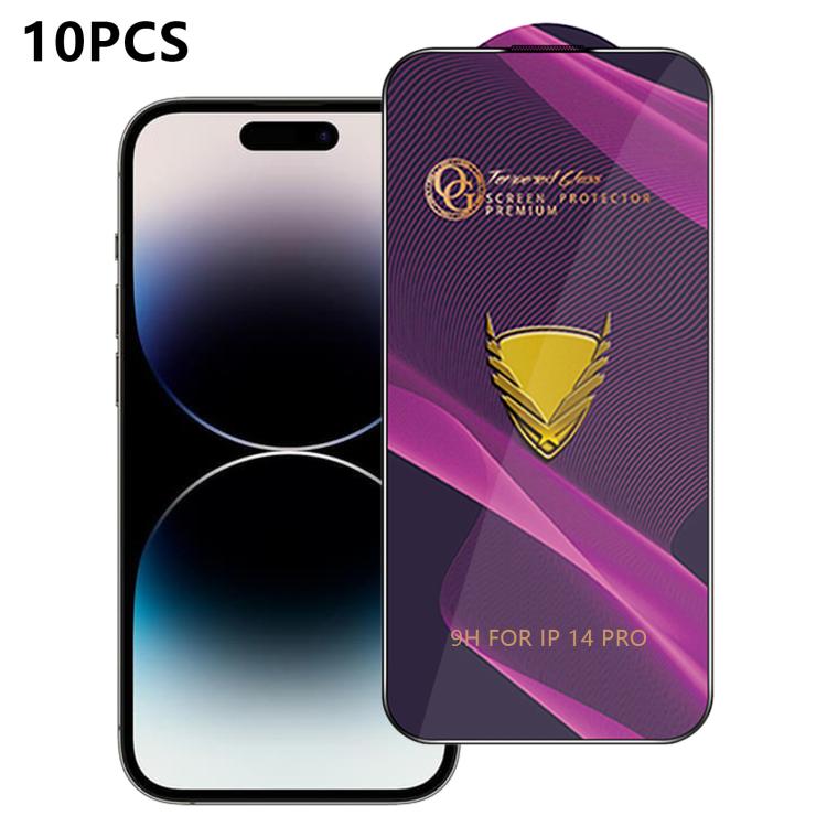 For iPhone 14 Pro 10pcs OG Purple Large-Arc Anti-Static High-Alumina Screen-Printed HD Tempered Glass Film