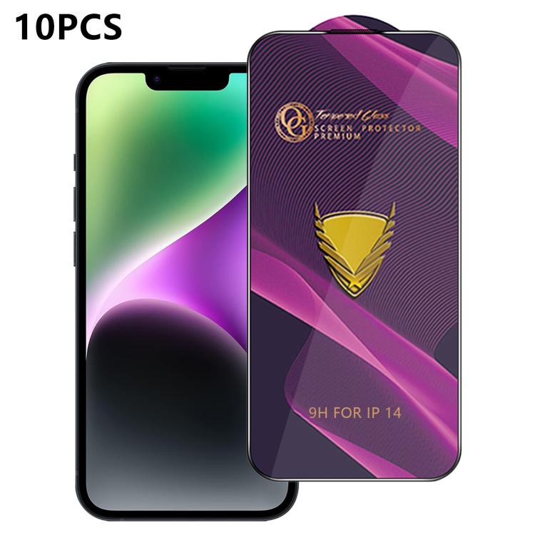 For iPhone 14 10pcs OG Purple Large-Arc Anti-Static High-Alumina Screen-Printed HD Tempered Glass Film