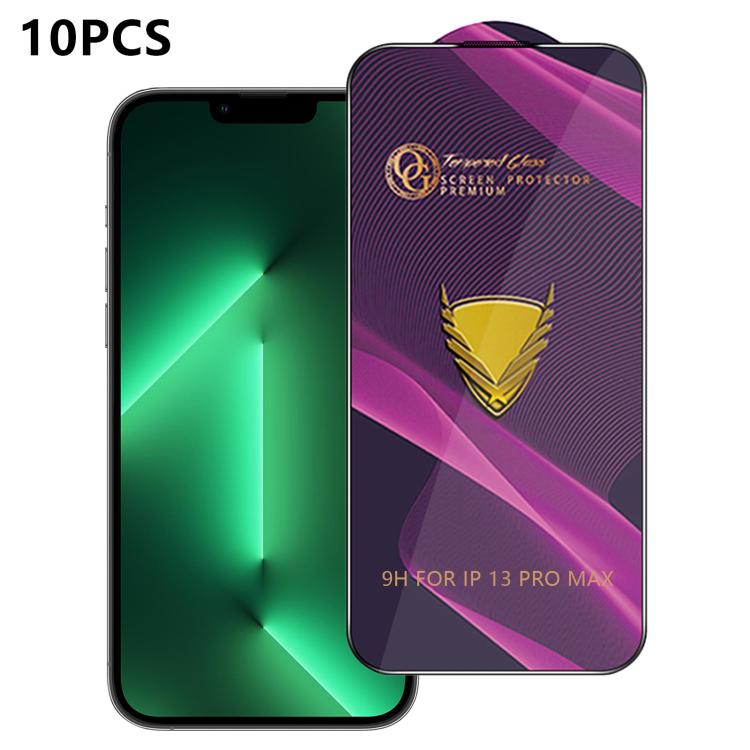 For iPhone 13 Pro Max 10pcs OG Purple Large-Arc Anti-Static High-Alumina Screen-Printed HD Tempered Glass Film