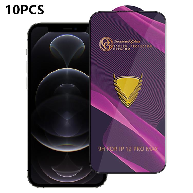 For iPhone 12 Pro Max 10pcs OG Purple Large-Arc Anti-Static High-Alumina Screen-Printed HD Tempered Glass Film
