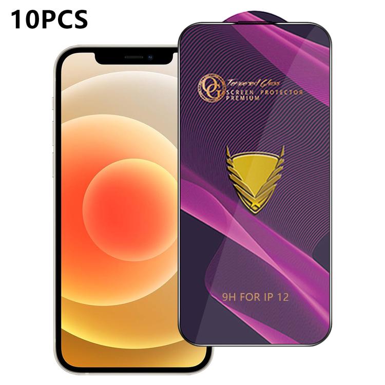 For iPhone 12 10pcs OG Purple Large-Arc Anti-Static High-Alumina Screen-Printed HD Tempered Glass Film