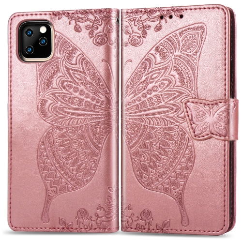 

For iPhone 11 Butterfly Love Flowers Embossing Horizontal Flip Leather Case , with Holder & Card Slots & Wallet & Lanyard(Rose gold)