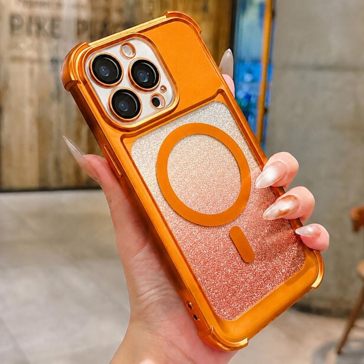 For iPhone 15 Pro Electroplated Gradient Glitter Matte Acrylic Magnetic Phone Case(Orange)