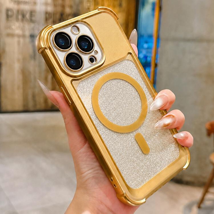 For iPhone 14 Pro Max Electroplated Gradient Glitter Matte Acrylic Magnetic Phone Case(Gold)