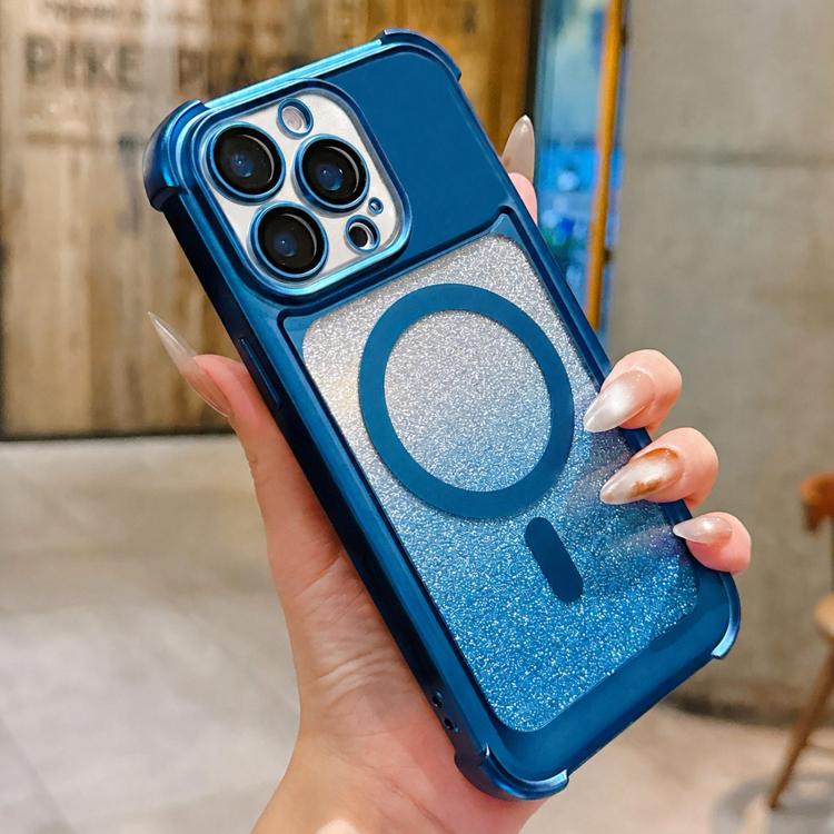 For iPhone 13 Pro Electroplated Gradient Glitter Matte Acrylic Magnetic Phone Case(Blue)