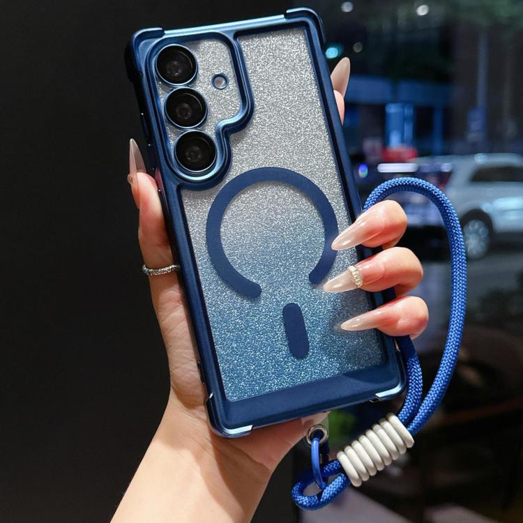 

For Galaxy S26+ 5G Electroplated Gradient Glitter Matte Acrylic Magnetic Phone Case with Strap(Blue)