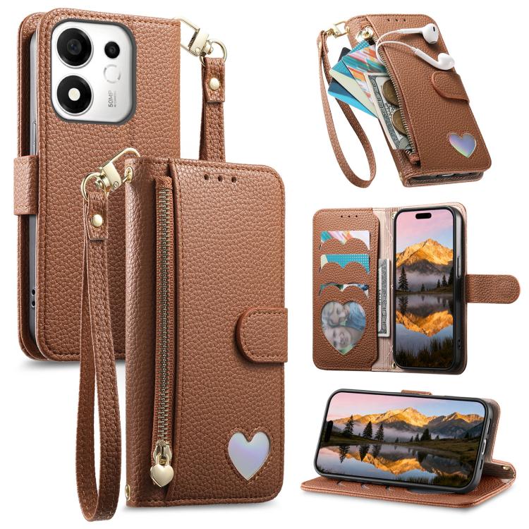For Honor 600 Smart 5G Fantasy Love Heart Zipper Wallet Vegan Leather Phone Case with Strap(Brown)