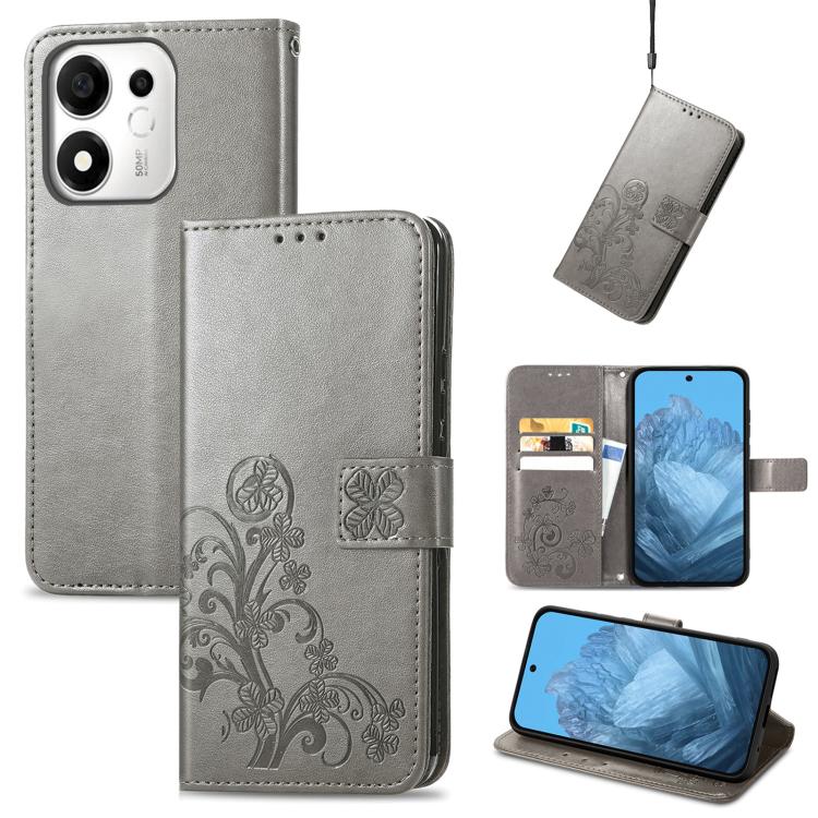 For Honor 600 Smart 5G Four-leaf Clasp Embossed Buckle Leather Phone Case(Gray)