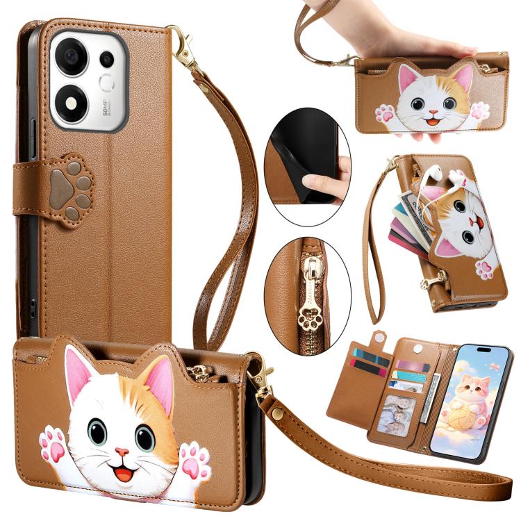 For Honor 600 Smart 5G Cat-shaped Zipper Wallet Vegan Leather Phone Case with Strap(Brown)