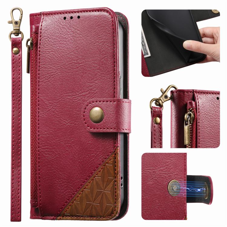 For Honor 600 Smart 5G Splicing Zipper Wallet Vegan Leather Phone Case with Strap(Red)