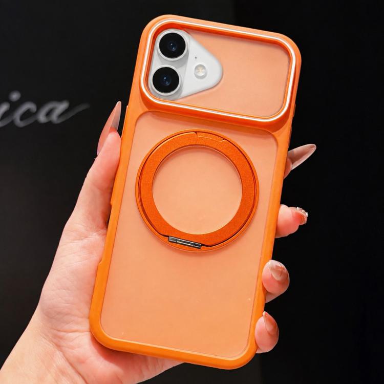 For  iPhone 16 Plus Skin Feel Matte Mirror 360 Rotation Holder Magnetic Phone Case(Orange)