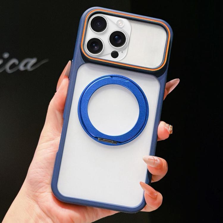 For iPhone 15 Pro Skin Feel Matte Mirror 360 Rotation Holder Magnetic Phone Case(Blue)
