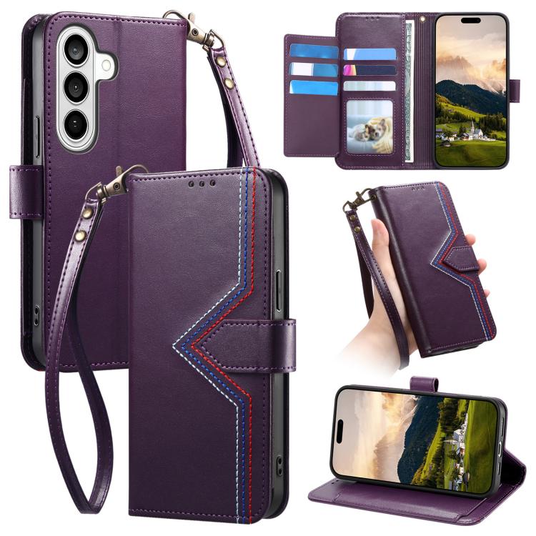 For Galaxy S25 FE 5G Multi-color Sewing Skin-feel Multi-card Vegan Leather Phone Case(Purple)