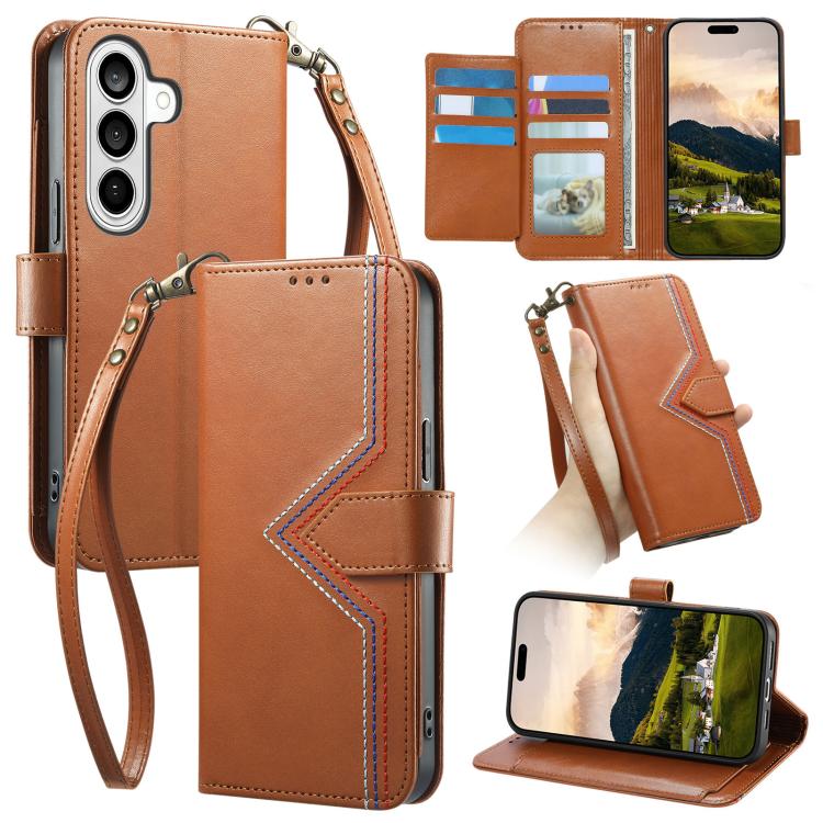 For Galaxy S25 5G Multi-color Sewing Skin-feel Multi-card Vegan Leather Phone Case(Brown)