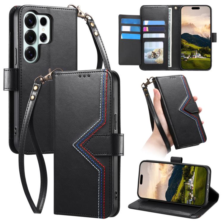 For Galaxy S25 Ultra 5G Multi-color Sewing Skin-feel Multi-card Vegan Leather Phone Case(Black)