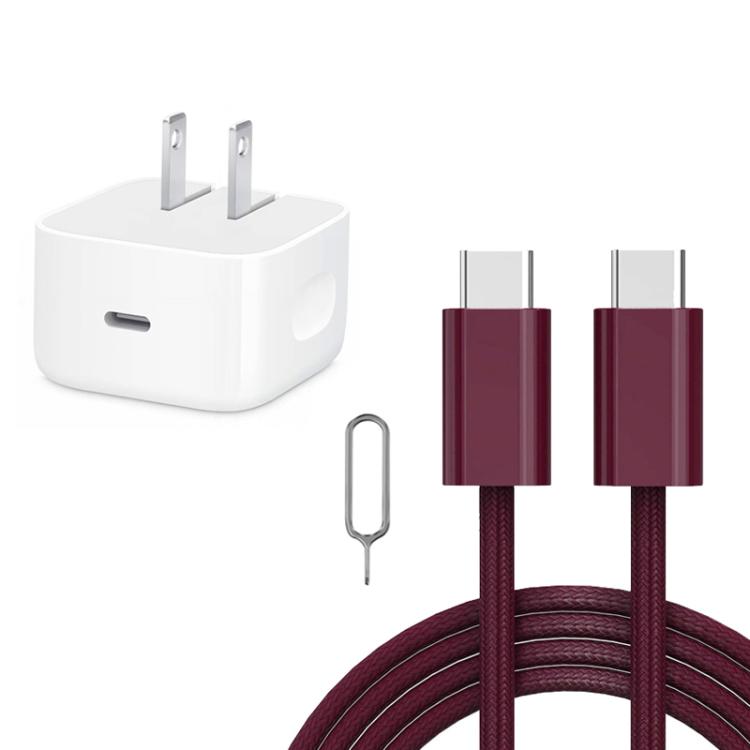 3-in-1 Set PD40W Charger + Type-C to Type-C Cable + Card Ejector Pin, US Plug(Cherry Red)